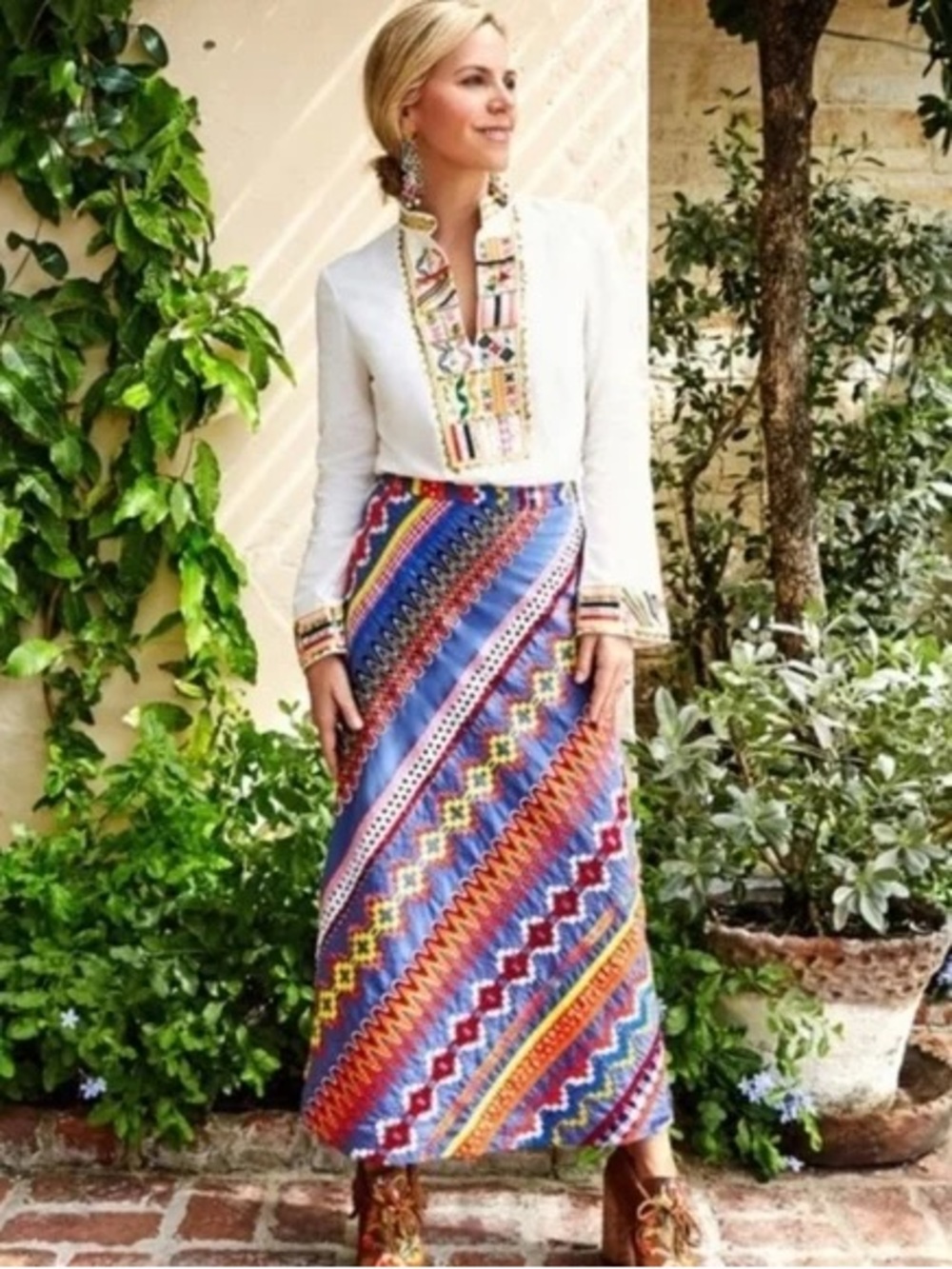 Tory Burch Blue Multicolor Diagonal-Stripe Clemente Maxi Skirt